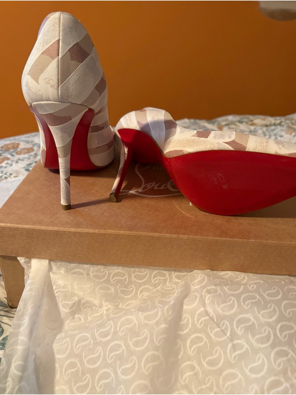 Christian Louboutin Beige and Tan Patterned Patent Pointed Toe Pumps - Picture 2 of 8